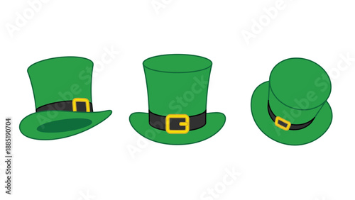Three green leprechaun hats with gold buckles, depicted in various orientations, suitable for St. Patrick's Day celebrations.