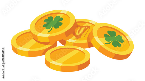 A pile of shiny gold coins, some featuring a green shamrock and one with a traditional Irish harp, symbolizing luck and wealth.