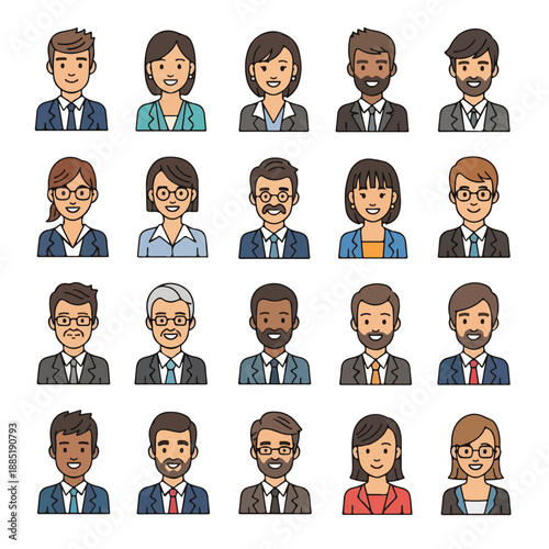 Diverse business people icons set cartoon style avatars