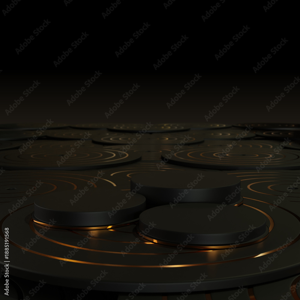 Fototapeta premium Black podium platform with glowing gold edges and circular pattern for product display.