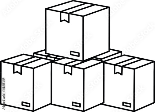 Continuous single line drawing of stacked cardboard boxes in pyramid formation with open top box on white background.
Minimal Line Art Stacked Cardboard Boxes Illustration.