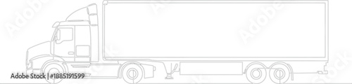 Continuous line drawing of a delivery truck with cargo box in simple stylized black line art on white background.
Minimal Line Art Semi Truck Trailer Illustration.