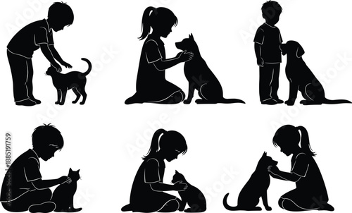 Black silhouettes of children interacting with pets including boys and girls petting dogs and cats isolated on white background for animal care and kindness concepts
