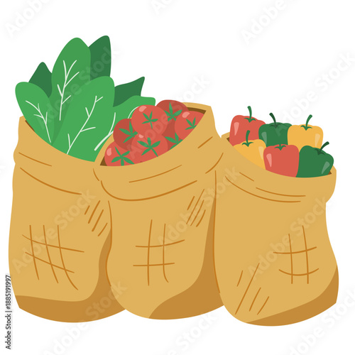 Three burlap sacks filled with fresh vegetables including leafy greens, tomatoes, and peppers.