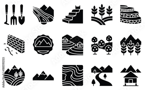 Agriculture icons collection including terrace farming and garden tools for rural landscape design