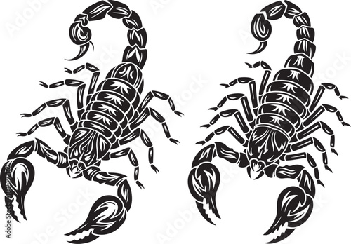 Intricate black tribal scorpion designs, symbol of power and danger, isolated on white background, vector art.