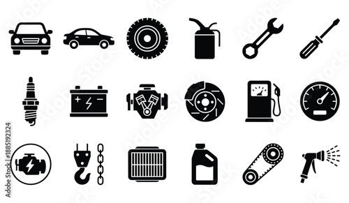 Set of black silhouette car parts and mechanic tools vector illustration