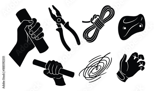 Climbing gear and hand grips icons for mountaineering, rock climbing, and adventure sports equipment