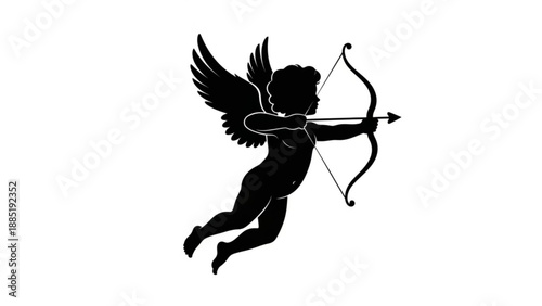 Silhouette of a cupid aiming a bow and arrow a symbol of love and romance for Valentines Day design isolated on white