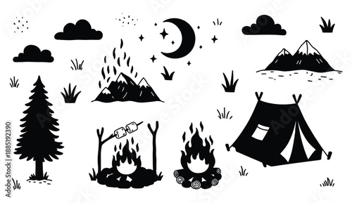 Camping and outdoor adventure icons with tent, campfire, mountains, and pine tree for nature lovers