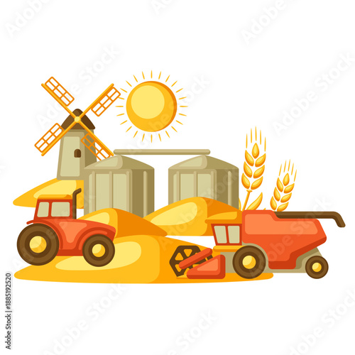 Tractor and harvester in a sunny wheat field with windmill and silos.