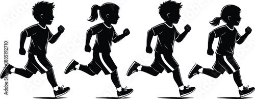 Vector Black Silhouette Set of Active Young Boys and Girls Running and Jogging in Sportswear Isolated on White Background for Physical Education Design Projects