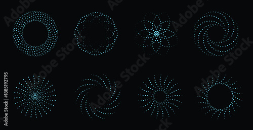 Abstract glowing dotted spiral and circular elements on a dark background. Luminous radial dot patterns create a futuristic, cosmic feel with motion and depth. Ideal for technology visuals, sci-fi bra