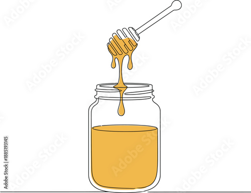 single-line drawing of a honey jar with dipper in Continuous line art style on white background.
Minimal Line Art Honey Jar with Dripping Honey Illustration.