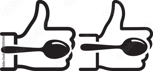 Two thumbs up gestures with spoons, representing culinary approval or good food, simple black and white icons.