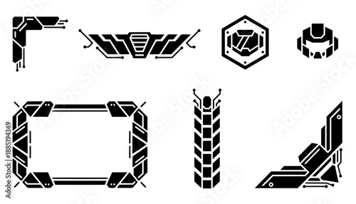 Set of black sci-fi design elements including robotic helmet icons, winged tech headers, and armored HUD frames for game interface layouts.
