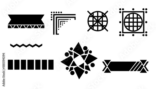 Set of black geometric graphic elements featuring ornamental star badges, grid circles, corner borders, and abstract banners for layout decoration.