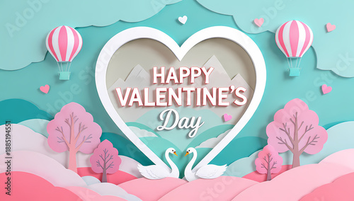 Papercrafted valentines scene with swans, balloons suitable for greeting cards, social media posts, and print materials.