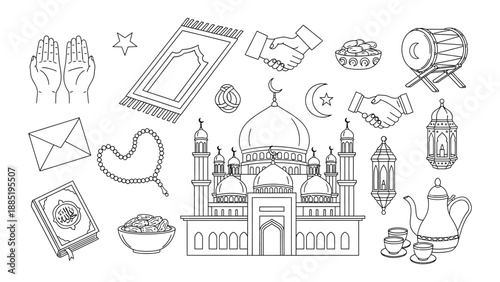 Hand drawn islamic symbols prayer mat mosque lantern and religious elements in monochrome style