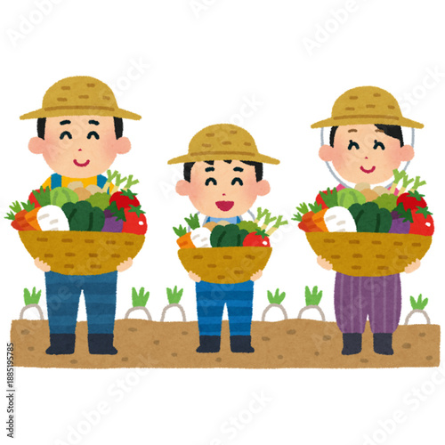 Three farmers holding baskets of fresh vegetables outdoors