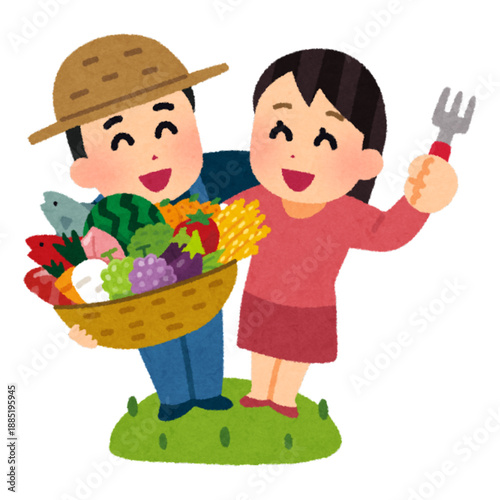Cartoon farmer and daughter holding harvest basket and fork together happily outdoors