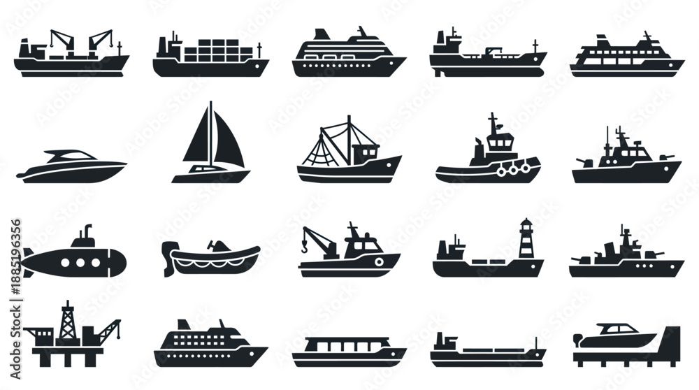 Obraz premium Water Transport Solid Icon Set 20 Icons