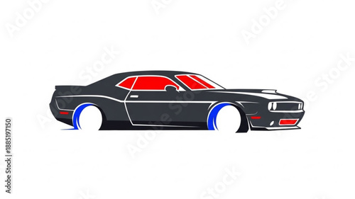 Sleek Black Muscle Car Illustration with Red Tinted Windows.
