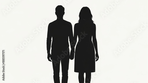 Silhouette Couple Holding Hands Against White Background.