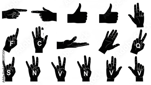 Collection of Hand Gestures and Sign Language Alphabet Silhouettes.