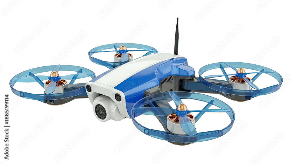 Fototapeta premium Blue and white quadcopter drone with camera