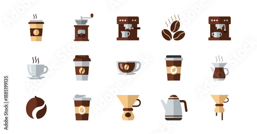 Coffee icons set on black background beverages and equipment