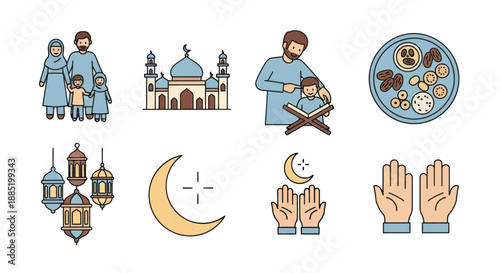 Islamic cultural icons representing family mosque prayer food and symbols.