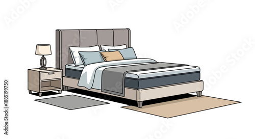 Illustrated bedroom featuring a bed bedside table lamp and rugs on white.