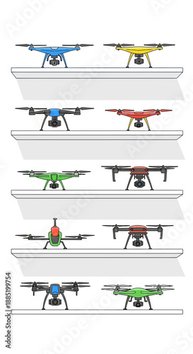 Collection of various colorful unmanned aerial vehicles drones displayed on a white background.