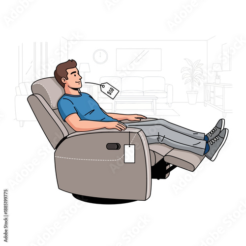 Man reclines in chair with light therapy device illustration.