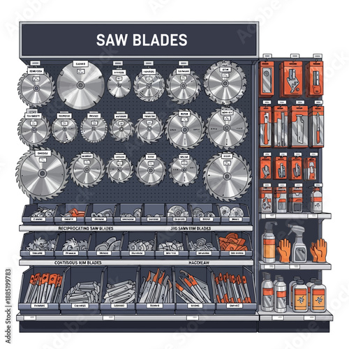 Saw blades and related items displayed on a retail shelf unit.