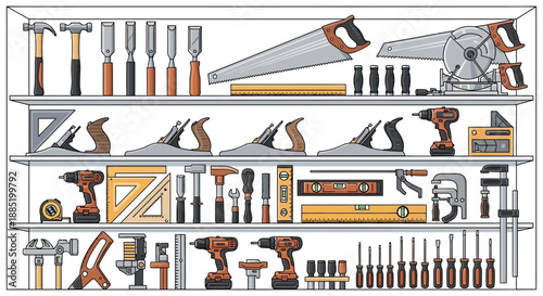 Many carpentry tools are neatly arranged on shelves in a workshop.