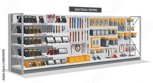 Shelves filled with various items in a store setting against a white background.