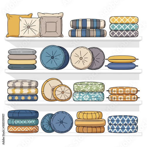 Shelves displaying stacks of cushions and pillows in various colors and patterns.