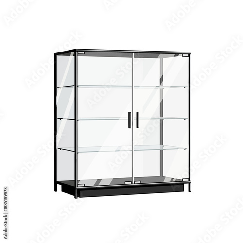 Glass display cabinet with black frame and two doors on a white background.