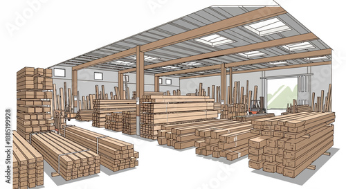 Interior of a warehouse with stacks of lumber and wooden beams.