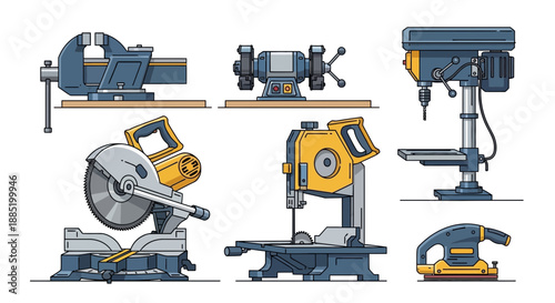 Various power tools including a drill press and a miter saw on white.