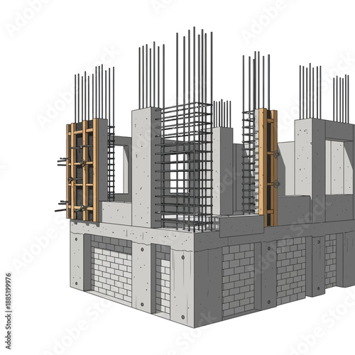 Concrete foundation construction with wooden formwork and steel reinforcement bars.