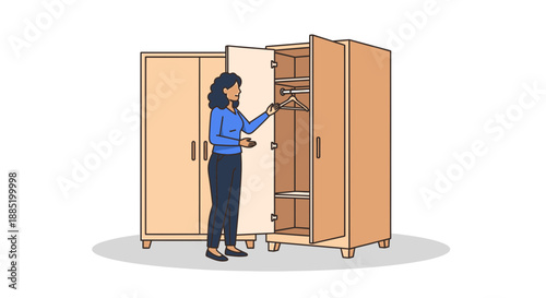 Woman opening a wooden wardrobe with shelves and hanging space in a room.