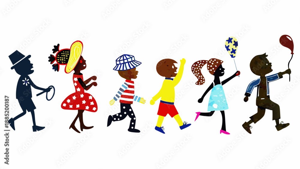 Fototapeta premium A colorful vector illustration of diverse children and an adult walking together in a joyful procession