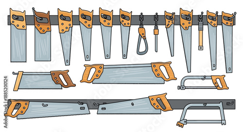 Various hand saws and tools hanging on a wall in a workshop.