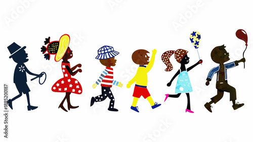 A colorful vector illustration of diverse children and an adult walking together in a joyful procession