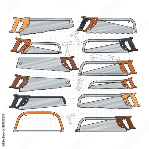 Multiple hand saws with wooden handles and metal blades on white background.