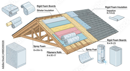 Diagram showing roof construction layers including rigid foam board spray foam and fiberglass.