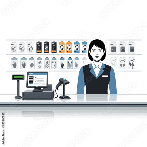 Woman stands behind counter with cash register and barcode scanner in store.